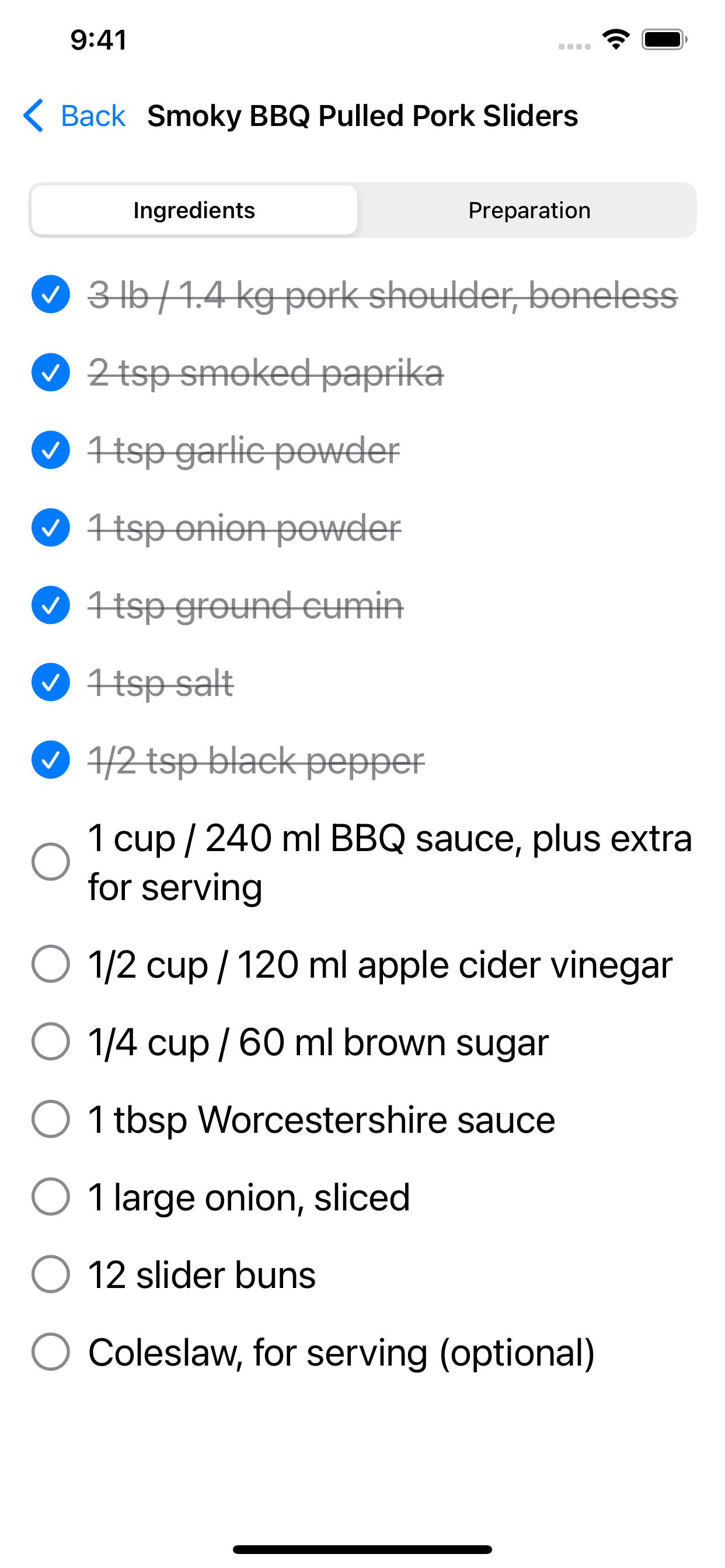AbraCook cooking mode ingredients screen